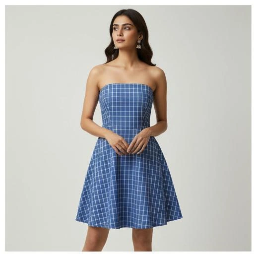 AI-powered virtual try-on showing a blue checkered fit and flare dress on a female model