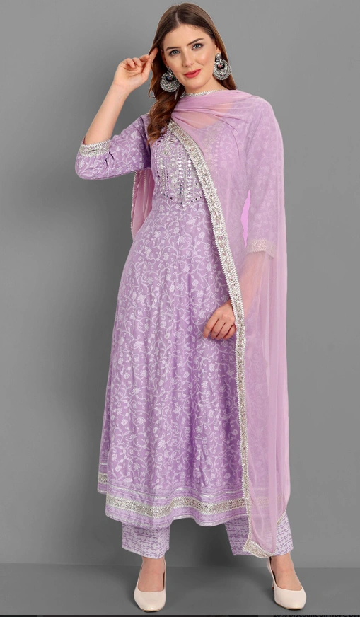 Model wearing a lavender embroidered anarkali suit with dupatta on a studio background before AI-powered background removal