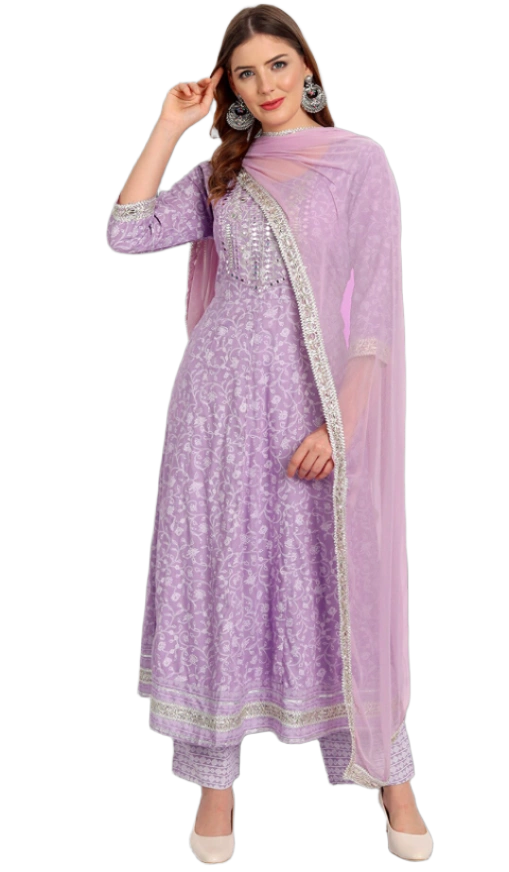 Lavender embroidered anarkali suit for women with dupatta, background removed using AI-powered background removal for clean product display