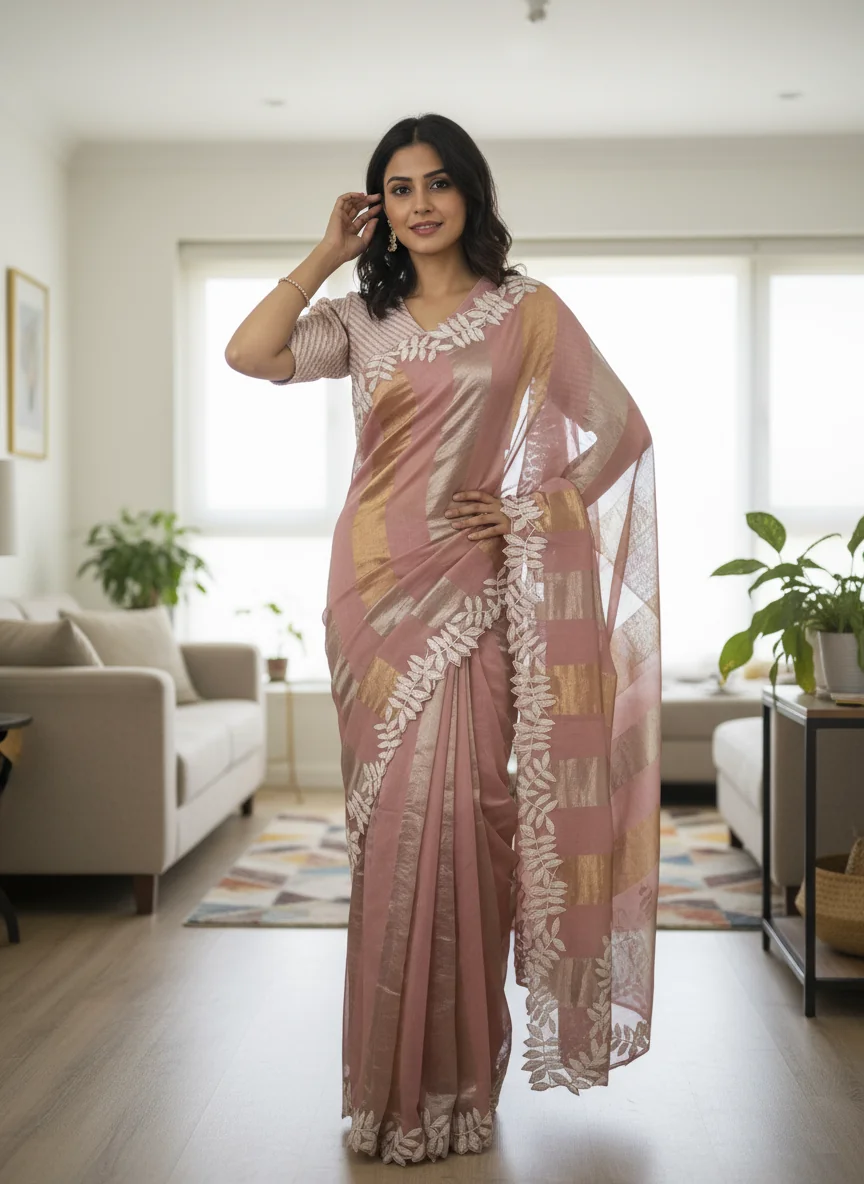 Model wearing a dusty rose embroidered saree generated using AI-powered virtual try-on from a mannequin input image