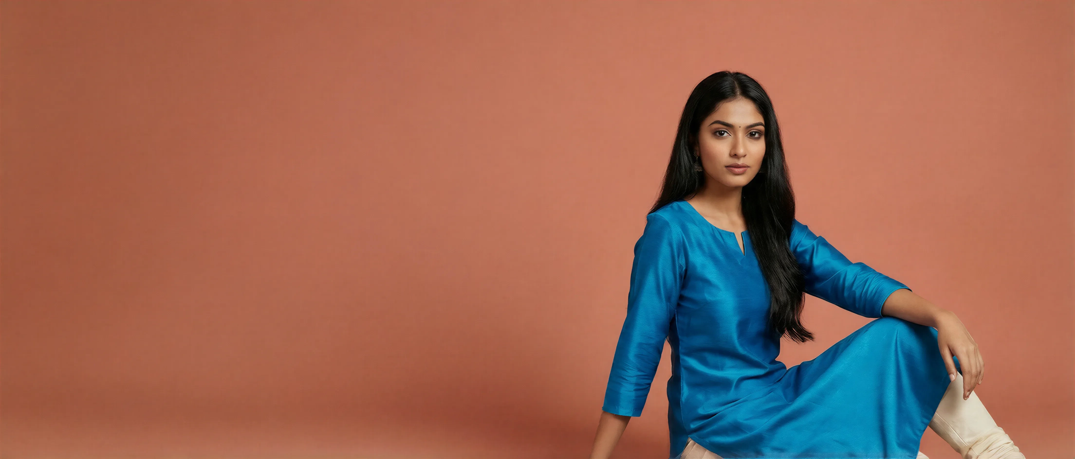 Indian woman wearing blue ethnic wear in a studio environment created using AI-powered fashion imagery.