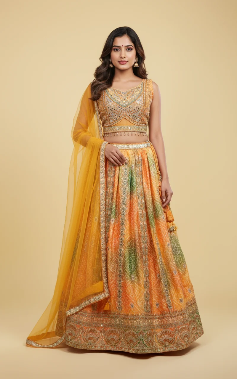 Model wearing an orange and green embroidered lehenga generated using AI-powered virtual try-on from a mannequin input image.