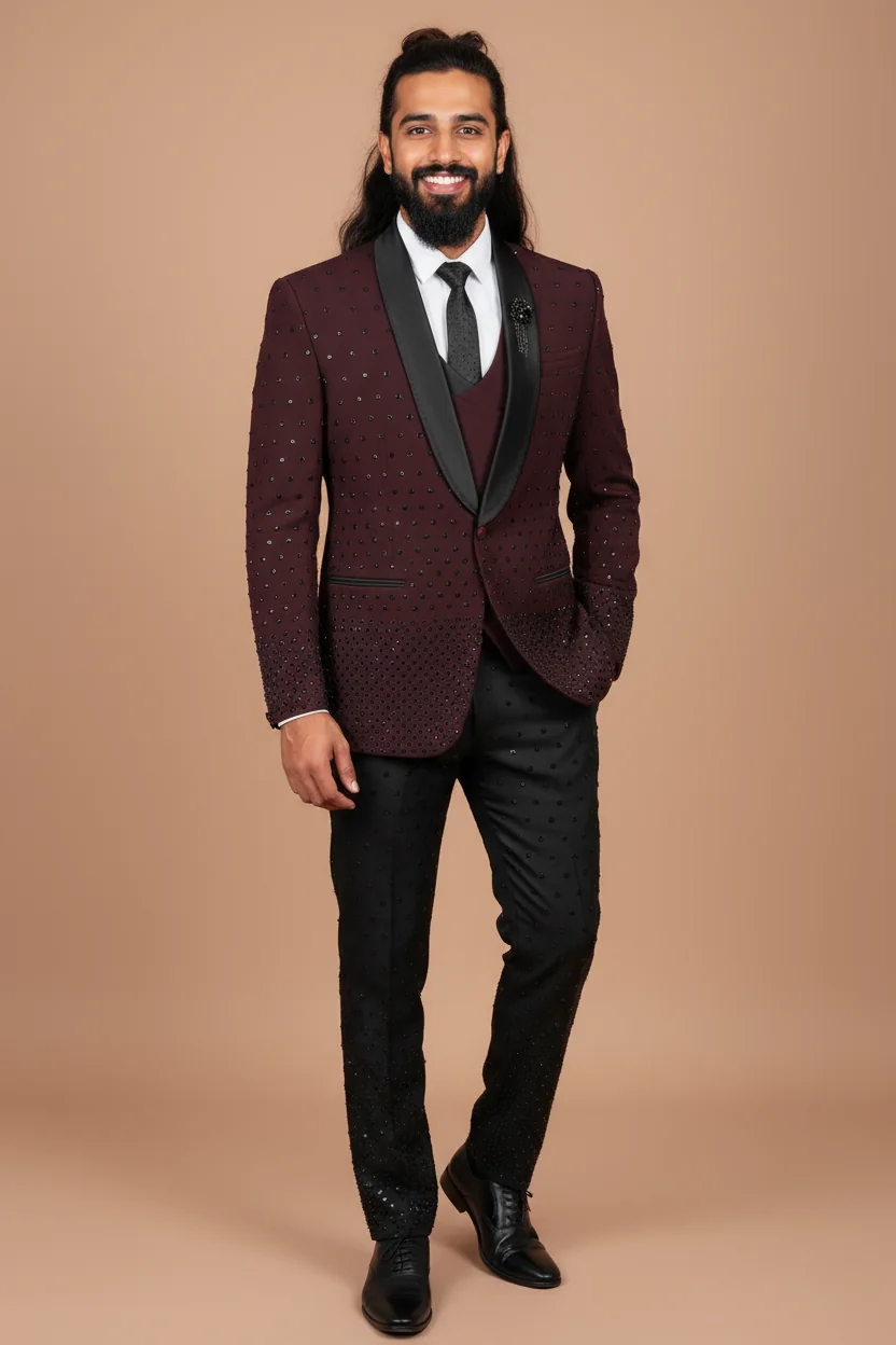 Male model wearing a maroon embellished sherwani jacket generated using AI-powered virtual try-on from a product-only image.