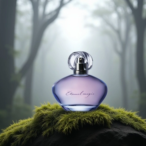 Eternal Magic perfume bottle placed in a moody forest lifestyle setting generated using AI-powered product scene creation